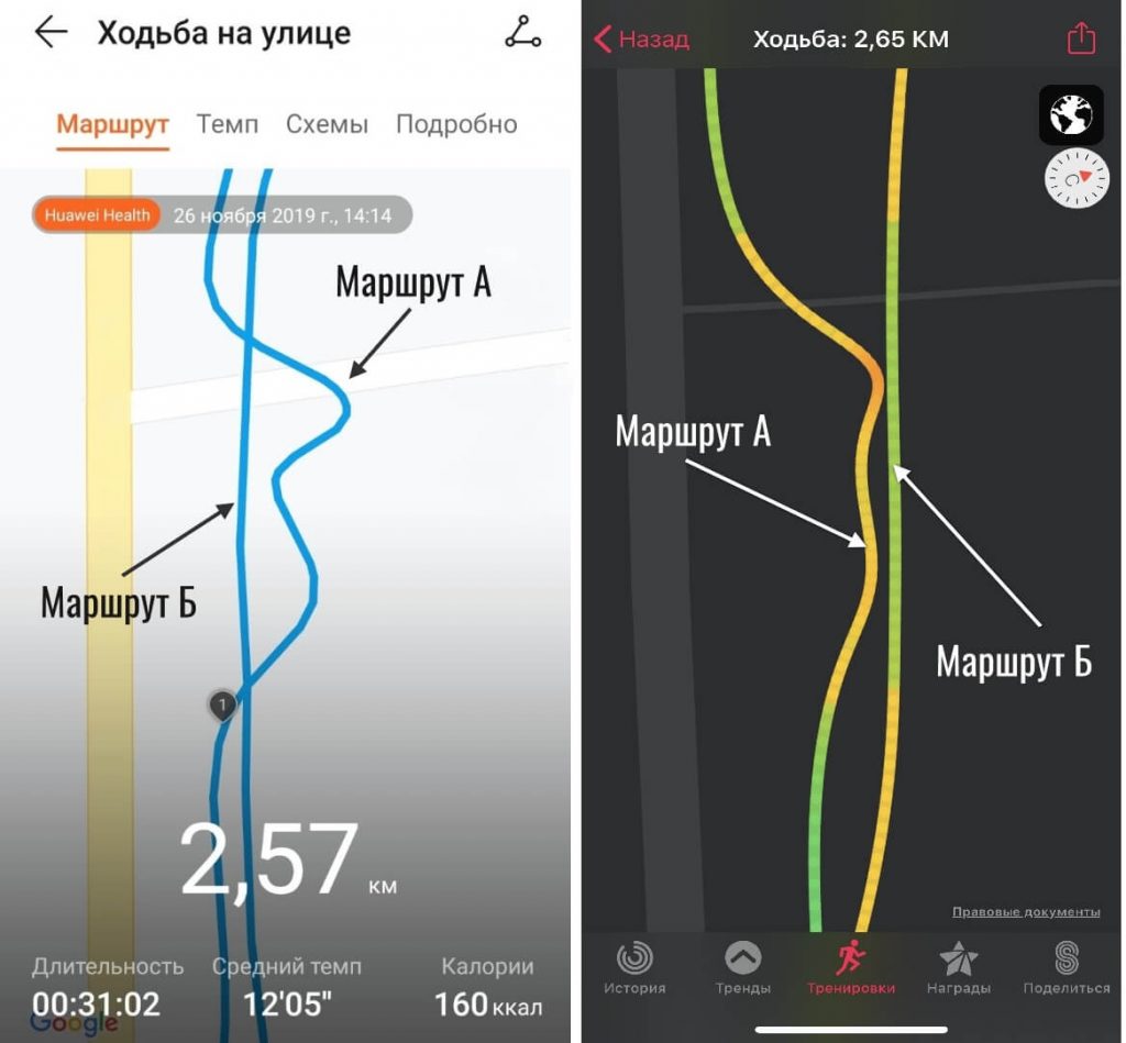 Сравнение точности работы GPS на Huawei Watch GT 2 и Apple Watch 5